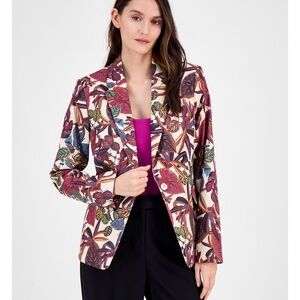 Tahari ASL Leaf Print Blazer in Cream and Burgundy